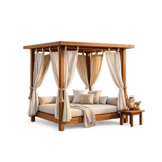 Luxury Solid Teak Outdoor Daybed with Canopy Curtains Premium Garden Patio Resort Lounge Bed