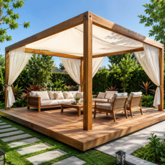 Luxury Durable Outdoor Teak Wood Gazebo with Sofa Set Modern Garden Pavilion for Villa Resort Hotel Custom Furniture