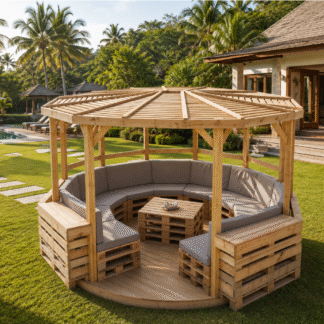 Modern Durable Outdoor Wooden Garden Gazebo Pavilion with Built-In Seating for Resort Villa Backyard and Patio
