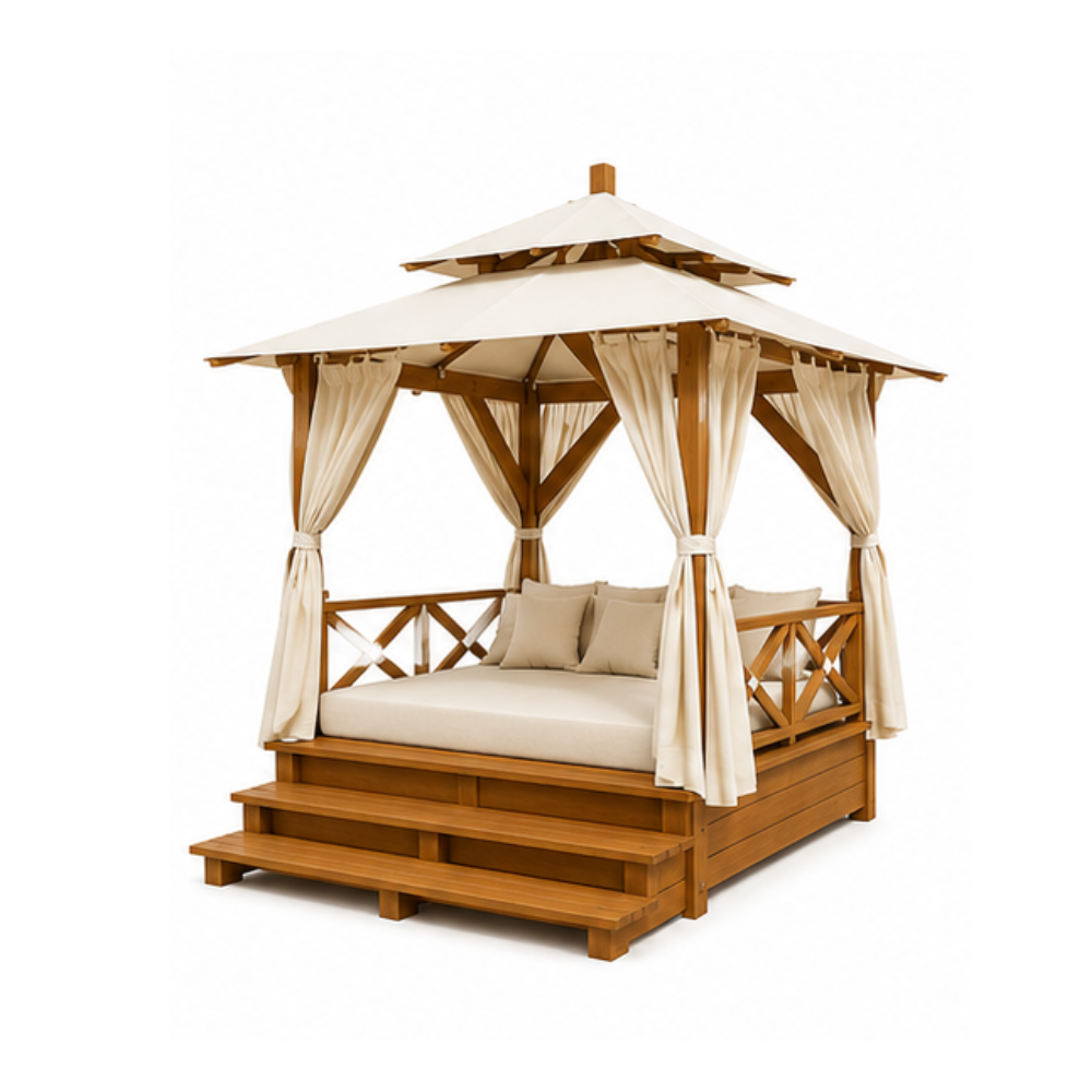 Luxury Solid Teak Outdoor Gazebo Daybed with Canopy for Hotel Resort Villa Garden Commercial Furniture