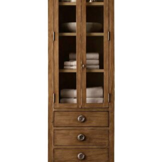 Luxury Solid Teak Wood Tall Bathroom Cabinet Glass Door Linen Tower Storage with Four Drawers