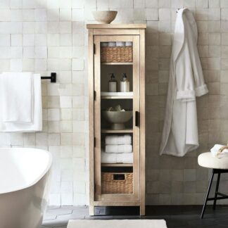 Premium Quality Teak Wood Bathroom Towel Cabinet Freestanding Clear Glass Closet