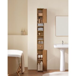 Luxury Solid Teak Wood Tall Bathroom Cabinet Ultra Slim Linen Tower Storage Organizer with Drawer