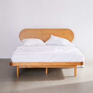 Luxury Solid Teak Wood Bed Frame Low Profile Platform Bed with Rounded Corner Headboard