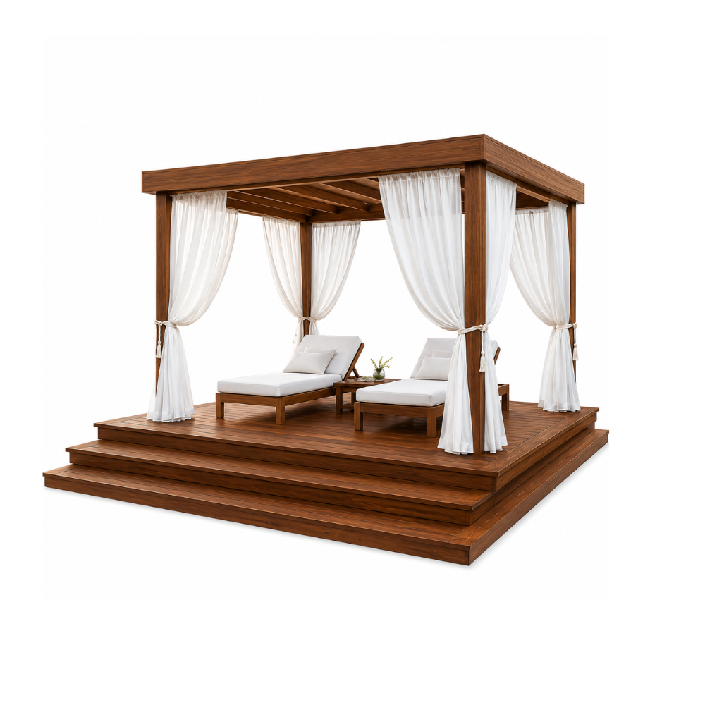 Luxury Outdoor Teak Wood Gazebo Cabana with Curtains Modern Resort Poolside Garden Villa Hotel Custom Furniture
