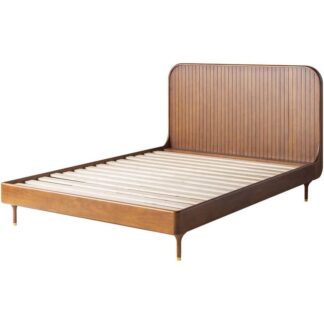 Luxury Solid Teak Wood Bed Frame Fluted Headboard Platform Bed with Brass Leg Tips for Bedroom