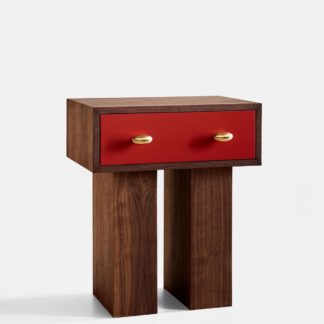 Luxury Solid Teak Wood Nightstand Red Lacquer Single Drawer Bedside Table with Bold Brass Handles