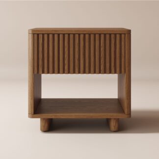 Modern Japandi Teak Wood Bedside Table Slatted Texture Drawer Side Cabinet with Short Round Feet