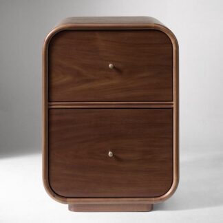 Solid Teak Wood Nightstand Capsule Rounded Outer Shell 2 Drawer Bedside Chest with Mini Brass Knobs