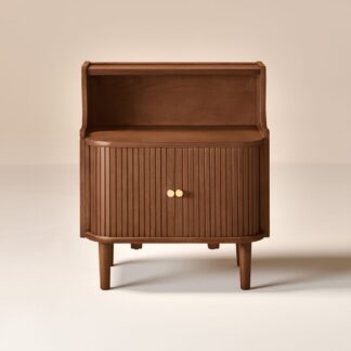 Solid Teak Wood Nightstand Tambour Sliding Doors Bedside Cabinet with Open Upper Alcove