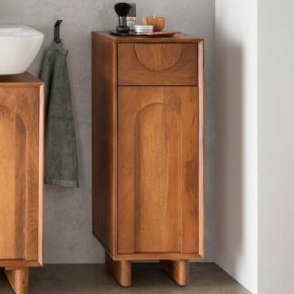 Solid Teak Wood Bathroom Cabinet Tall Narrow Linen Tower with Concentric Arch Panels