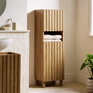 Modern Japandi Teak Wood Washroom Sideboard Ribbed Texture Dual Door Storage Closet with Square Feet