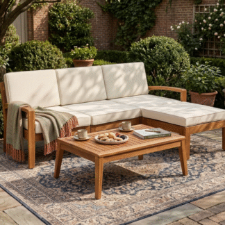 Luxury Solid Teak Wood Sectional Sofa L Shape Outdoor Lounge Set with Slatted Coffee Table