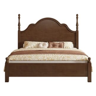 Luxury Solid Teak Wood Bed Frame Wavy Arched Headboard Classic Four Poster Bed with Finial Posts