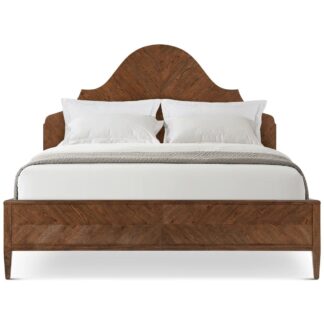 Solid Teak Wood Bed Frame Chevron Pattern Inlay Headboard Arched Platform Bed with Tapered Legs