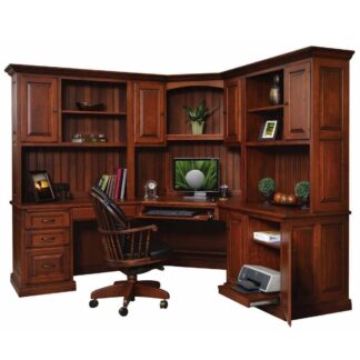 Luxury Solid Teak Wood Office Workstation Large Angled Corner Desk with Integrated Storage Hutch