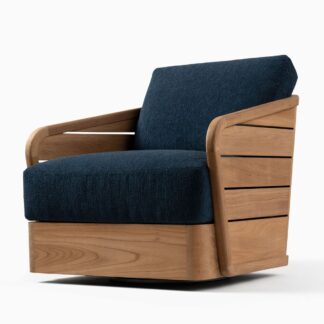 Modern Design Teak Wood Patio Swivel Armchair Slatted Siding Settee with Deep Indigo Fabric Blocks
