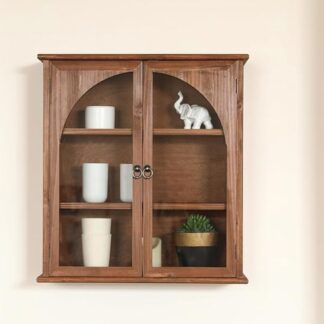 Teak Wood Wall Cabinet Arched Glass Door 3 Tier Display Showcase with Antique Ring Pulls