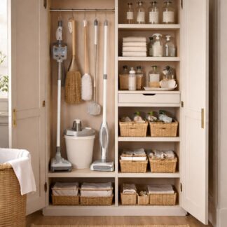 Modern Teak Wood Utility Storage Cabinet with Broom Organizer Linen Shelves and Double Doors