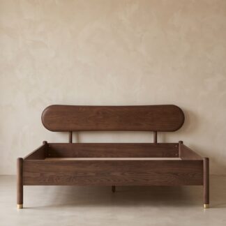 Floating Capsule Teak Wood Bedstead Horizon Oval Headboard Sleep Base with Brass Shoe Legs