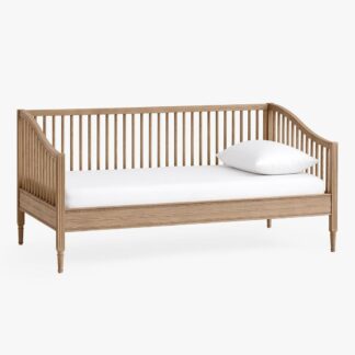 Traditional Teak Wood Daybed with Curved Spindle Backrest and Solid Wood Frame