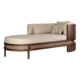 Modern Solid Teak Wood Cane Chaise Lounge Sofa with Upholstered Seat Luxury Wooden Daybed for Living Space