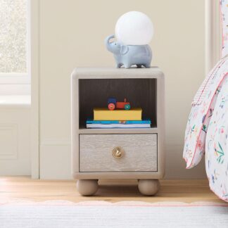 Modern Teak Wood Bedside Cabinet with Open Compartment Soft Curves and Storage Drawer