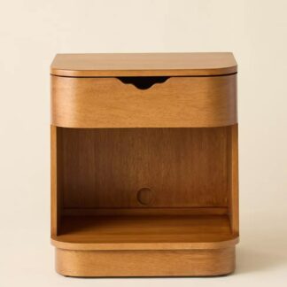 Fluid Contour Teak Wood Nightstand Soft Capsule Curved Edge 1 Drawer Bedside Cabinet with Open Alcove