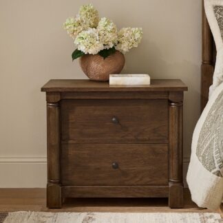 Modern Solid Teak Wood Bedside Table with Two Spacious Drawers Thick Pillar Legs and Premium Bedroom Storage Cabinet