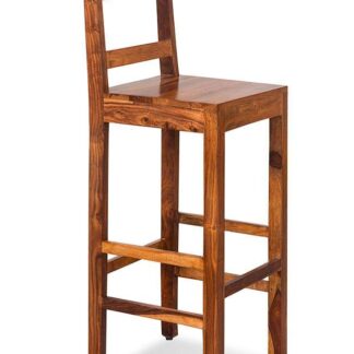 Solid Teak Wood Bar Stool High Backrest Counter Chair with Built In Footrest Rungs