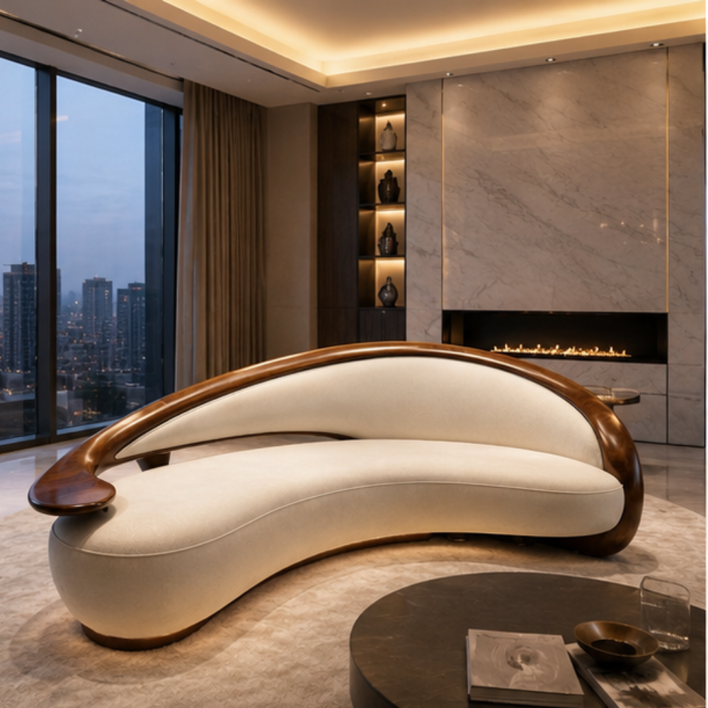 Luxury Curved Lounge Sofa Premium Upholstered Solid Wood Furniture for Hotel Resort Apartment Villa Lobby Project