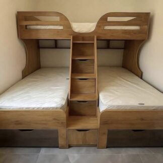 Solid Teak Wood Bunk Bed Double Twin Bedstead Set with Central Step Storage Drawers