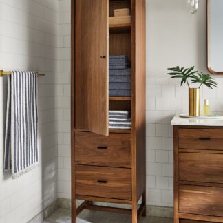 Deep Drawer Teak Wood Bathroom Cabinet Tall Narrow Linen Tower with Single Panel Upper Shutter