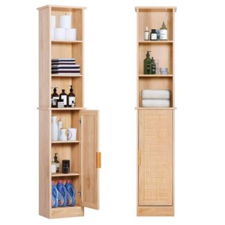 Modern Solid Teak Wood Bathroom Storage Cabinet with Open Display Shelves Single Door Rattan Panel and Tall Space Saving Design