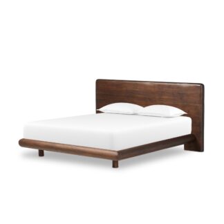 Teak Wood Bed Frame Rounded Log Border Modern Platform Bed with Soft Corner Headboard