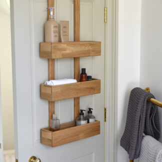 Modern Solid Teak Wood Over Door Bathroom Organizer with Three Open Storage Shelves Space Saving Hanging Rack for Bathroom Essen