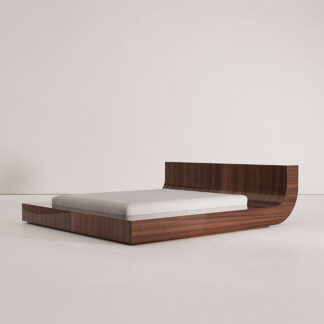 Modern Minimalist Teak Wood Bedstead Integrated L Shape Backrest Glass Like Glossy Sleep Base