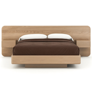 Blonde Teak Wood Bed Frame Extended Headboard Floating Platform Bed with Integrated Nightstands