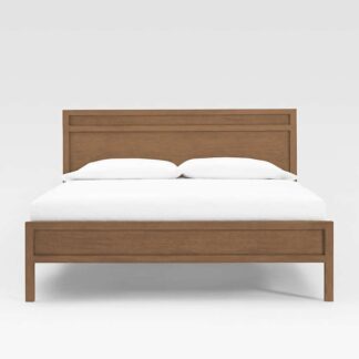 Shaker Style Teak Wood Bedstead Recessed Panel Headboard Classic Platform Bed with Square Legs