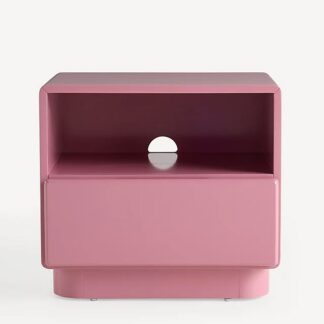 Rose Pink Teak Wood Nightstand 1 Drawer Bedside Table with Cord Management Open Shelf