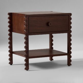 Teak Wood Nightstand Scalloped Edge Legs 1 Drawer Bedside Table with Large Wood Knob