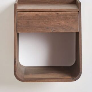 Teak Wood Floating Nightstand Wall Mounted 1 Drawer Bedside Shelf with Rounded Corners