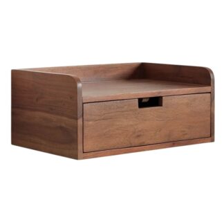 Modern Solid Teak Wood Wall Mounted Bedside Table with Single Drawer Floating Storage Shelf and Rounded Side Panels