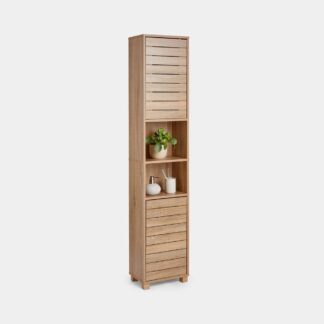 Luxury Teak Wood Bathroom Cabinet Tall Narrow Linen Tower with Center Open Shelves Louvered Doors