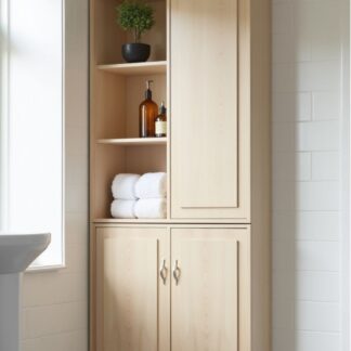 Blonde Teak Wood Bathroom Cabinet Shaker Door Linen Tower with Side Open Shelves