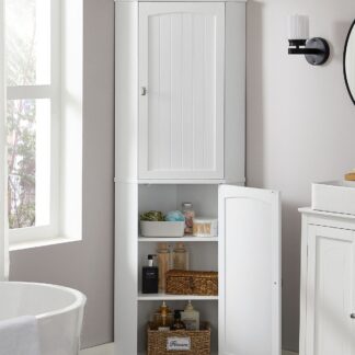 White Teak Wood Bathroom Cabinet Corner Storage Tower Slim Tall Cupboard with Double Doors