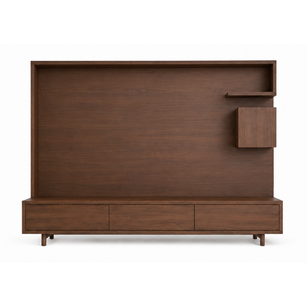 Custom Modern Teak Wood TV Wall Panel and Media Console for Hotel Home Apartment Villa and Large Interior Projects