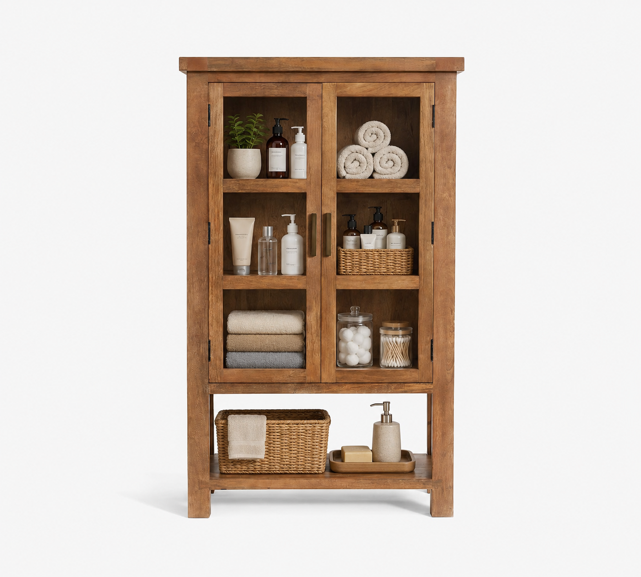 Modern Rustic Teak Wood Bathroom Storage Cupboard Freestanding Towel Organizer Shelf