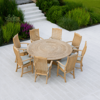 Modern Teak Wood Outdoor Dining Set with Round Table and Six Dining Chairs