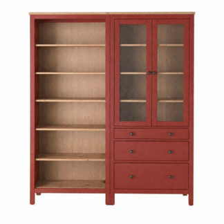 Brick Red Teak Wood Bookcase Set 2 Piece Modular Storage Library Cabinet with Glass Doors and Drawers